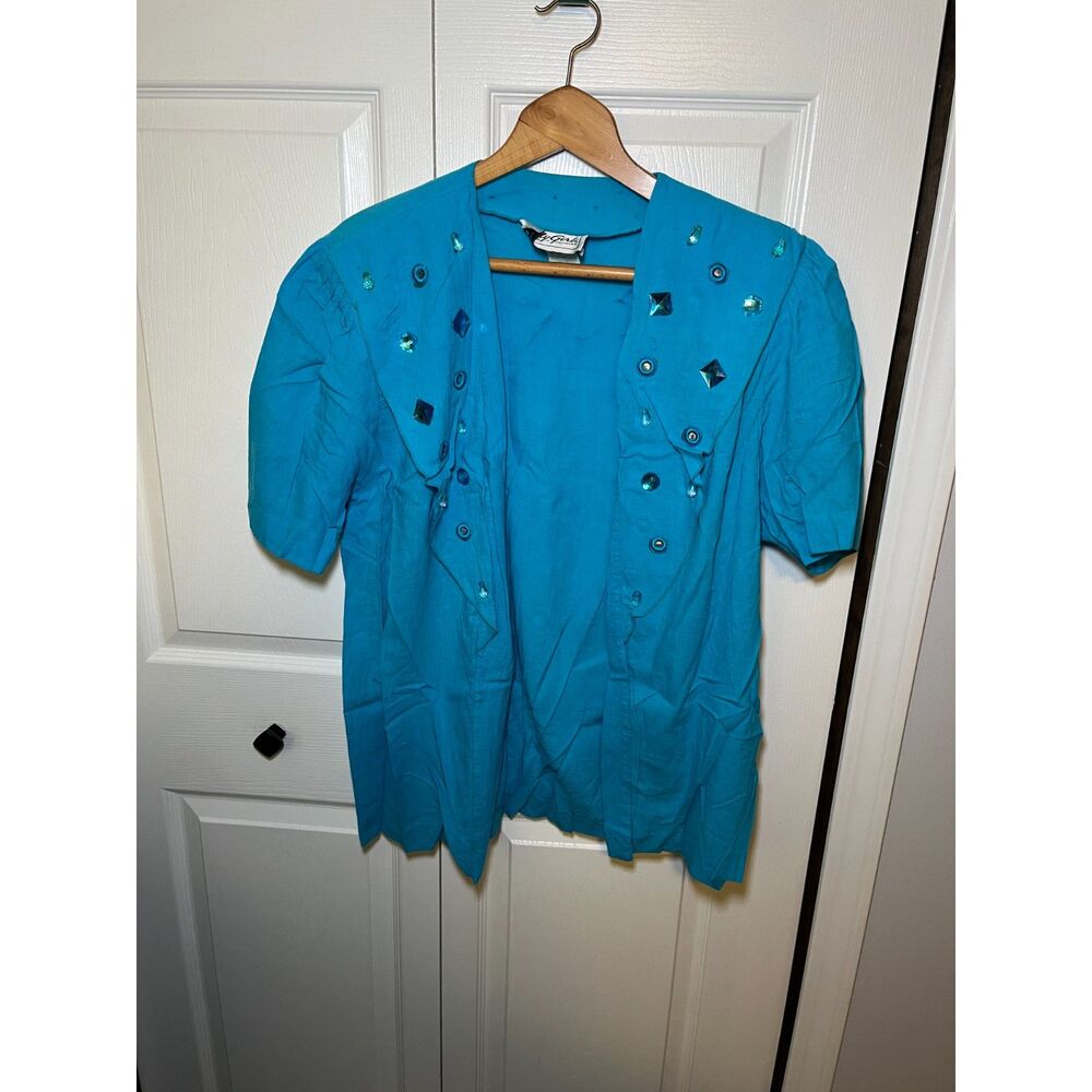 Vintage City Girl California Turquoise Embellished Open Front Top Jacket Size 10
